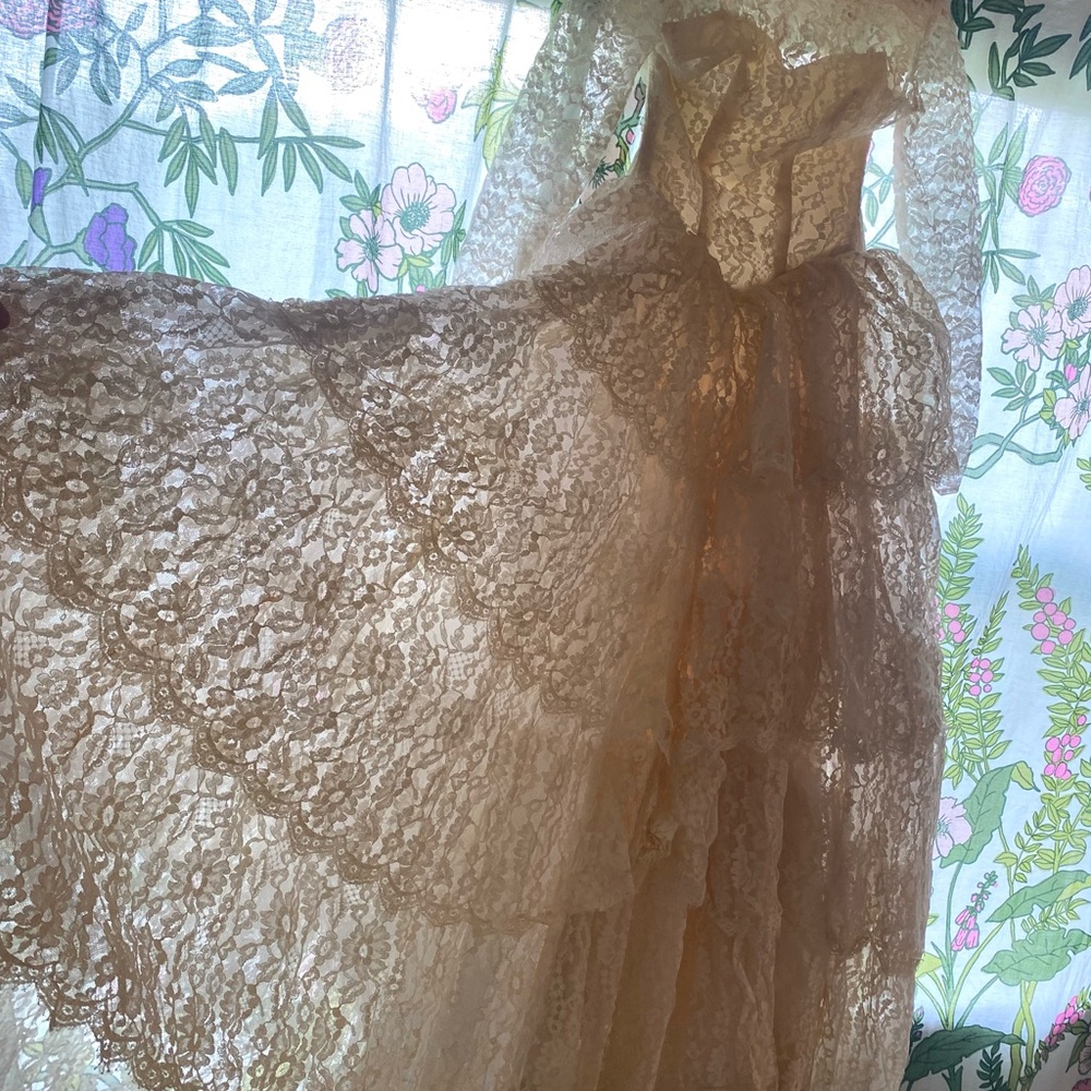 Vintage 40s/50s handmade tulle Fairy Ivory Lace Tiered Layered Wedding Dress XS - Picture 12 of 15